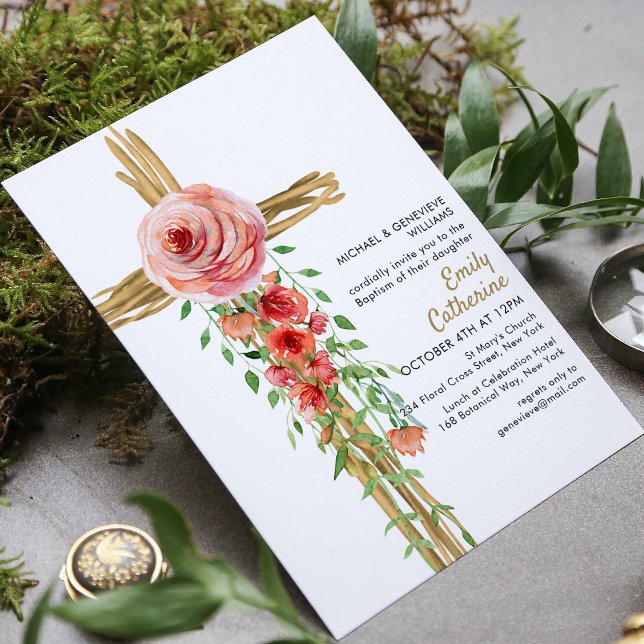 Rustic Floral Botanical Cross Simple Baptism Invitation (Creator Uploaded)