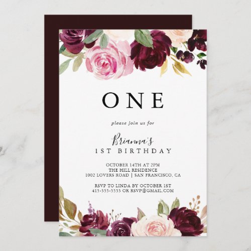 Rustic Floral Botanical First Birthday Party Invitation