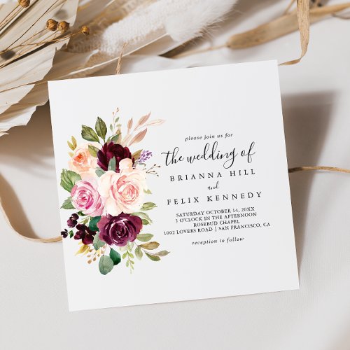 Rustic Floral Botanical Foliage Horizontal Wedding Invitation