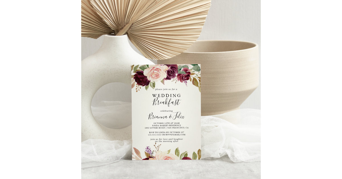 Rustic Floral Botanical Foliage Wedding Breakfast Invitation | Zazzle