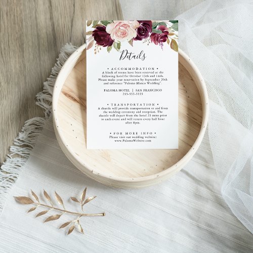 Rustic Floral Botanical Foliage Wedding Details Enclosure Card