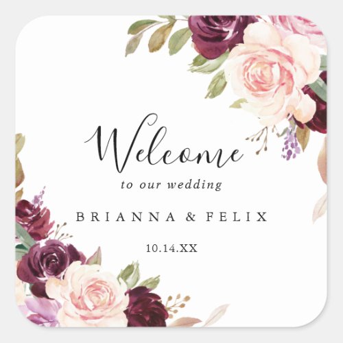 Rustic Floral Botanical Foliage Wedding Welcome Square Sticker