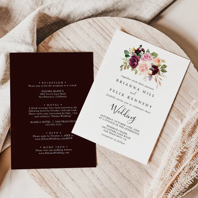 Rustic Floral Botanical Front & Back Wedding Invitation | Zazzle