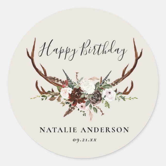 rustic floral botanical personalized birthday classic round sticker (Front)