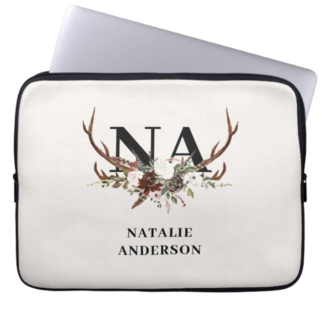 rustic floral botanical personalized fall monogram laptop sleeve (Front)