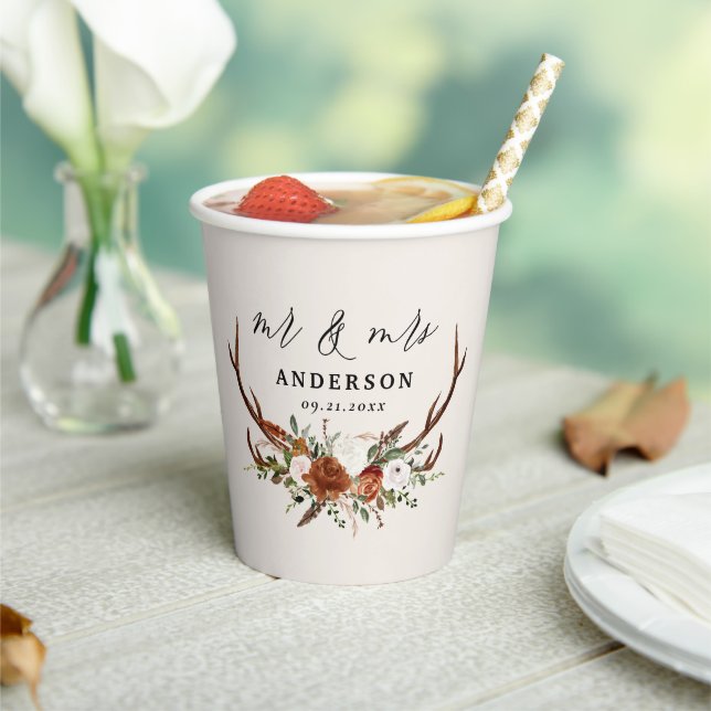 rustic floral botanical personalized stag wedding  paper cups (Insitu)