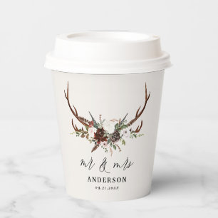 rustic floral botanical personalized stag wedding paper cups