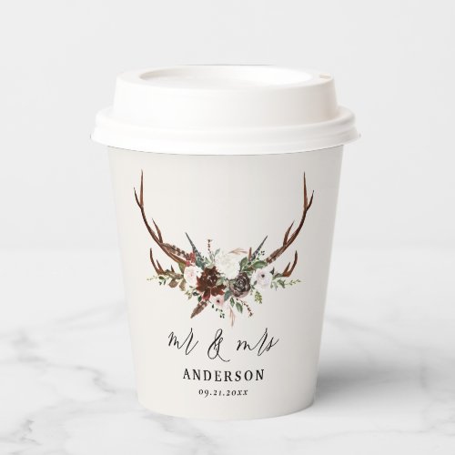 rustic floral botanical personalized stag wedding paper cups