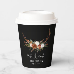 rustic floral botanical personalized stag wedding paper cups
