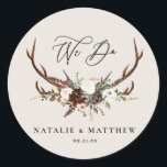rustic floral botanical personalized wedding classic round sticker<br><div class="desc">Rustic foliage with couples name wedding party design. With beautiful watercolor foliage,  stag antlers and bold font. This modern design is sure to set the style for your upcoming party.</div>