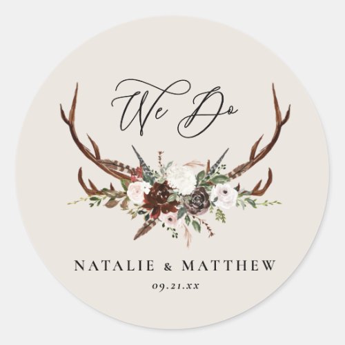 rustic floral botanical personalized wedding classic round sticker