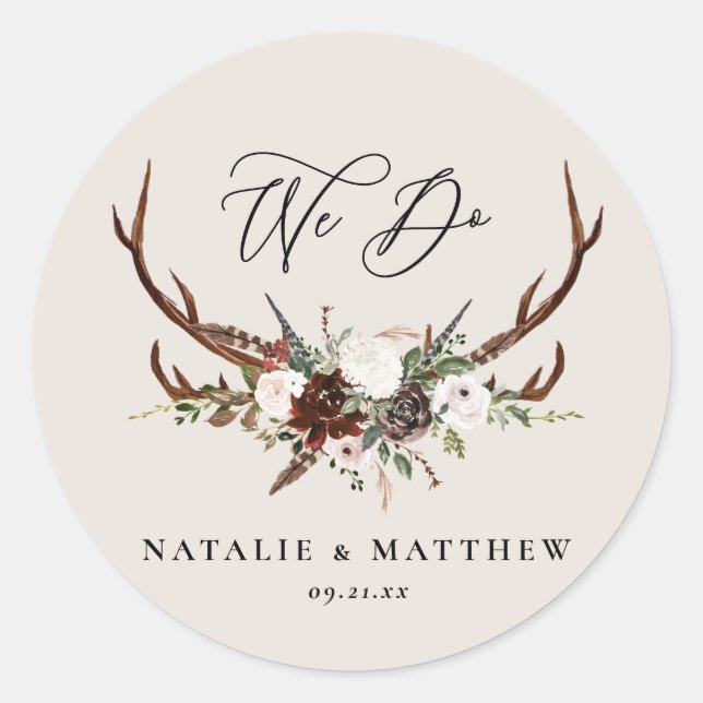 rustic floral botanical personalized wedding classic round sticker (Front)