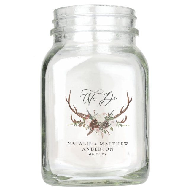 rustic floral botanical personalized wedding mason jar (Front)