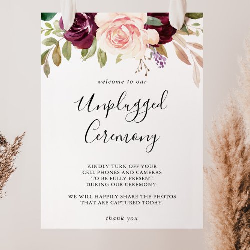 Rustic Floral Botanical Unplugged Ceremony Sign