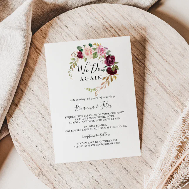 Rustic Floral Botanical We Do Again Vow Renewal Invitation | Zazzle