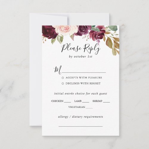 Rustic Floral Botanical Wedding Menu Choice RSVP