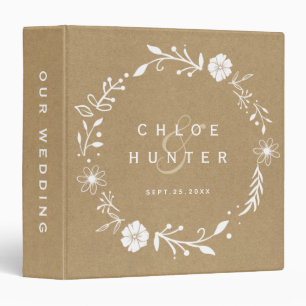 Rustic Floral Botanical Wreath Faux Kraft Wedding 3 Ring Binder