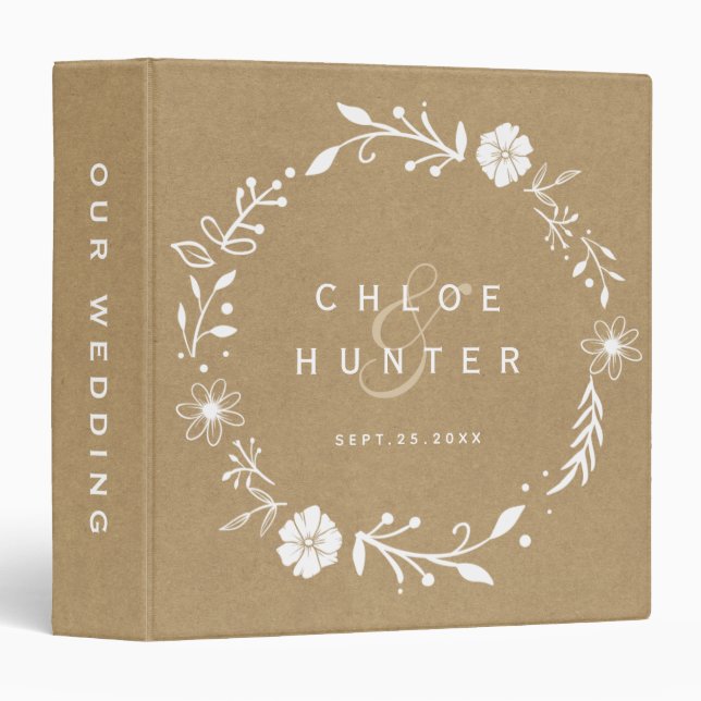 Rustic Floral Botanical Wreath Faux Kraft Wedding  3 Ring Binder (Front/Spine)