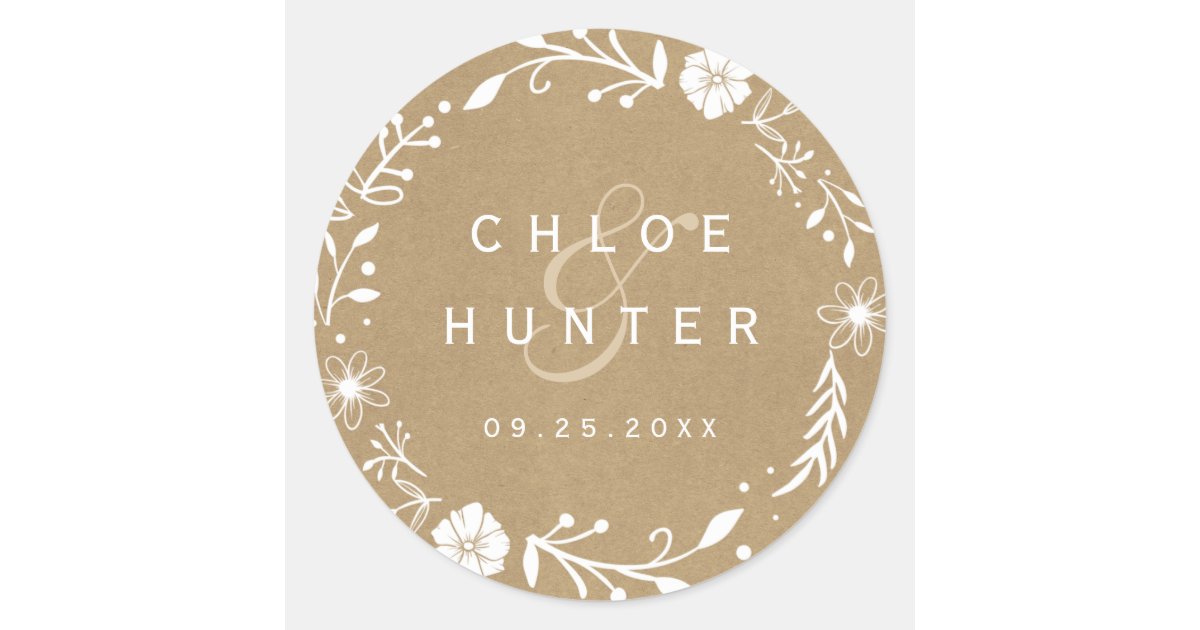 Rustic Floral Botanical Wreath Faux Kraft Wedding Classic Round Sticker ...