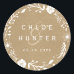Rustic Floral Botanical Wreath Faux Kraft Wedding Classic Round Sticker<br><div class="desc">This wedding sticker features a rustic floral botanical white wreath on a brown faux kraft paper background.</div>
