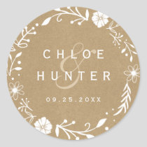 Rustic Floral Botanical Wreath Faux Kraft Wedding Classic Round Sticker
