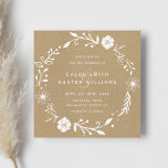 Rustic Floral Botanical Wreath Faux Kraft Wedding  Invitation<br><div class="desc">This wedding square invitation features a rustic floral botanical white wreath on a brown faux kraft paper background.</div>