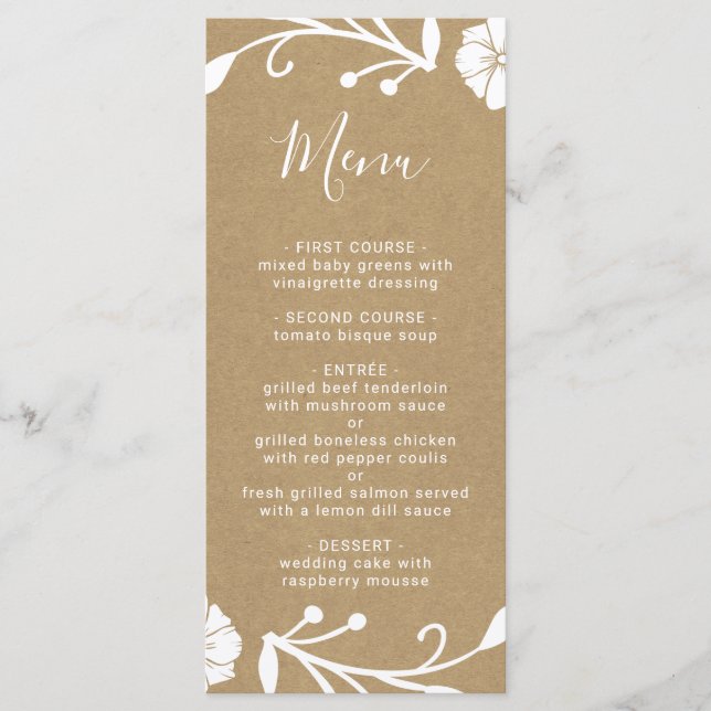 Rustic Floral Botanical Wreath Faux Kraft Wedding Menu (Front)