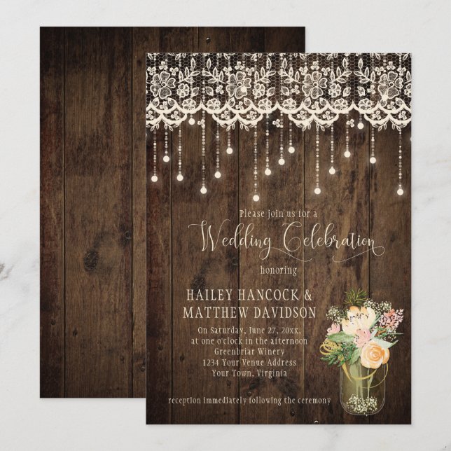 Rustic Floral Bouquet Mason Jar Lace Lights | Invitation (Front/Back)