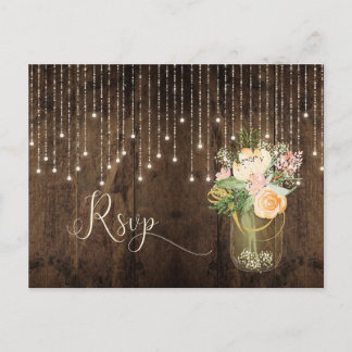 Rustic Floral Bouquet Mason Jar Lights RSVP | Invitation Postcard