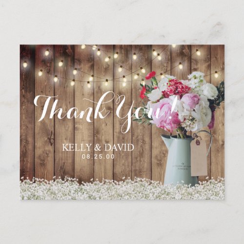 Rustic Floral Bouquet  String Lights Thank You Postcard