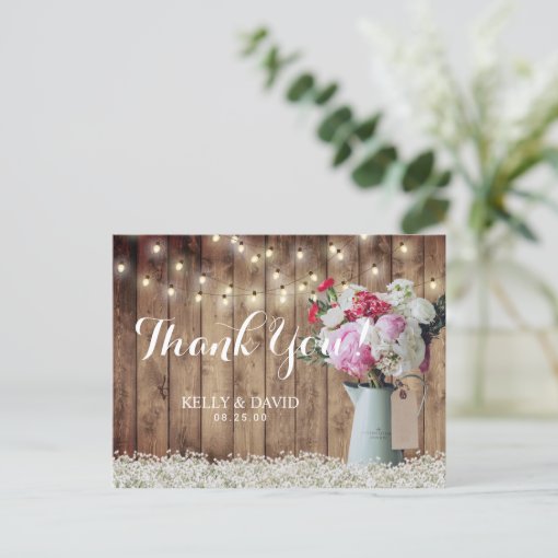 Rustic Floral Bouquet & String Lights Thank You Postcard | Zazzle