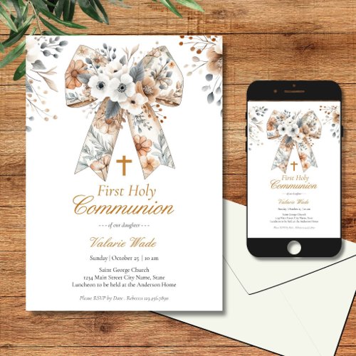 Rustic Floral Bow Girls Holy Communion Invitation