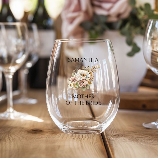 Rustic Floral Bridal Party and Top Table Wedding Stemless Wine Glass (Bridal party wine glasses from the Rustic Floral Brown Neutral Wedding Collection by Darling & May)