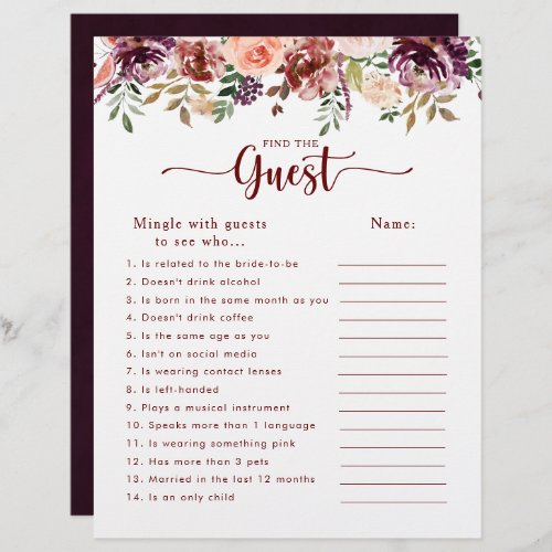 Rustic Floral Bridal Shower Find the Guest Game