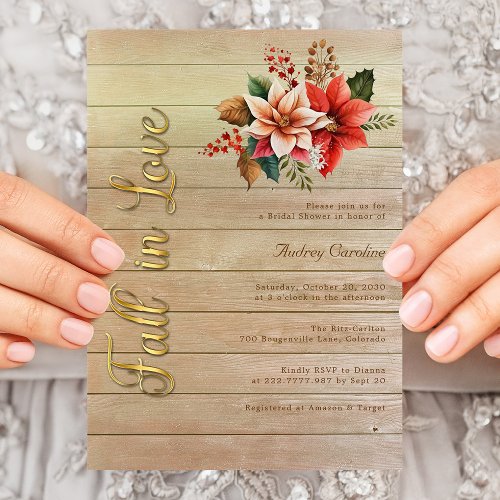 Rustic Floral Bridal Shower  Gold Fall in Love Invitation