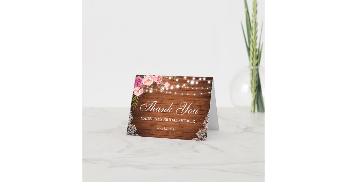Rustic Floral Bridal Shower Wood Lace Thanks N Thank You Card | Zazzle