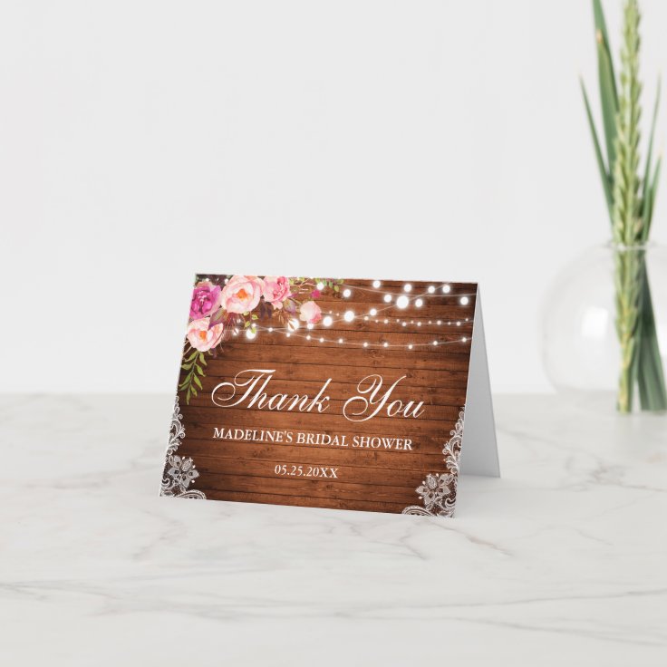 Rustic Floral Bridal Shower Wood Lace Thanks N Thank You Card | Zazzle