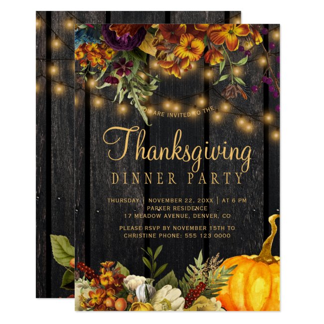 Rustic floral brown barn wood Thanksgiving dinner Invitation