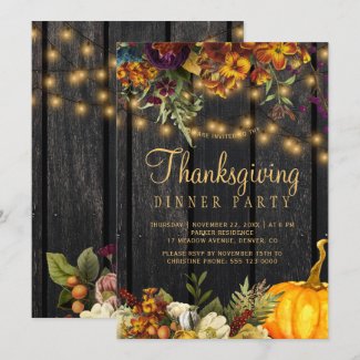 Rustic floral brown barn wood Thanksgiving dinner Invitation