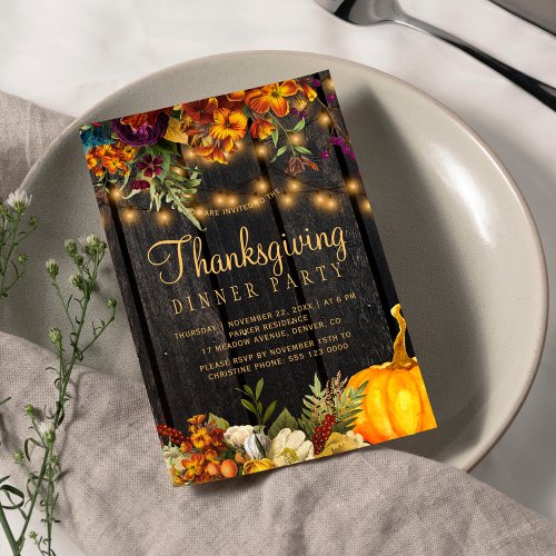 Rustic floral brown barn wood Thanksgiving dinner Invitation