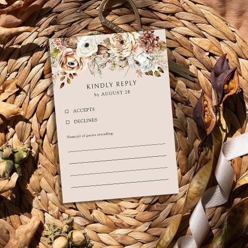 Rustic Floral Brown Neutral Country Wedding RSVP Card