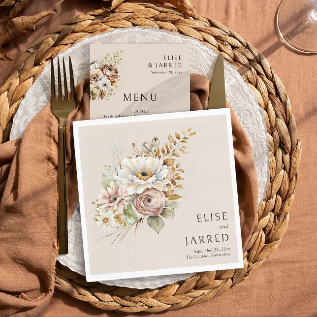Rustic Floral Brown Neutral Personalized Wedding Napkins (Wedding napkins from Rustic Floral Brown Neutral Wedding Collection by Darling & May)