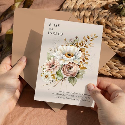 Rustic Floral Brown Neutral Simple Elegant Wedding Invitation