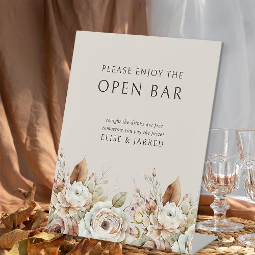 Rustic Floral Brown Neutral Wedding Open Bar Pedestal Sign
