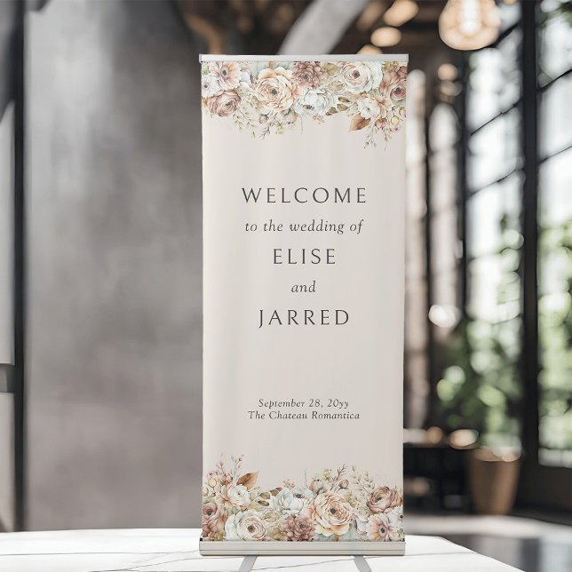 Rustic Floral Brown Neutral Wedding Welcome Retractable Banner (Wedding banner from the Rustic Floral Brown Neutral Wedding Collection by Darling & May)