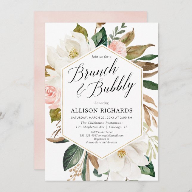 Rustic floral brunch bubbly bridal shower invitation (Front/Back)