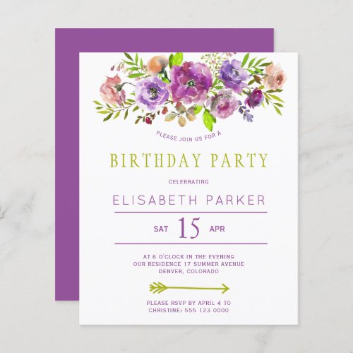 Rustic floral budget birthday party invitation