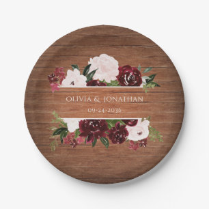 Rustic Floral Burgundy and Blush Wedding Paper Plates