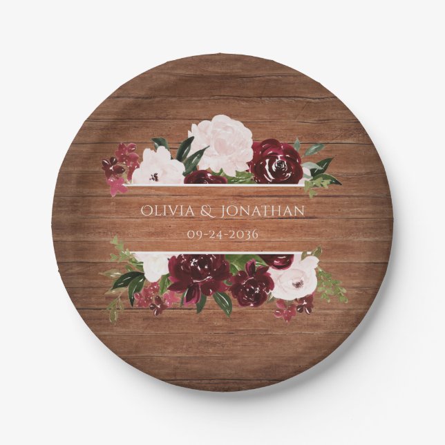 Rustic Floral Burgundy and Blush Wedding  Paper Plates (Front)