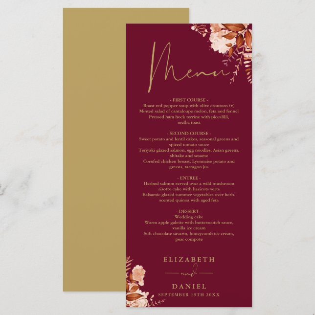 Rustic Floral Burgundy And Gold Wedding Dinner Menu (Front/Back)